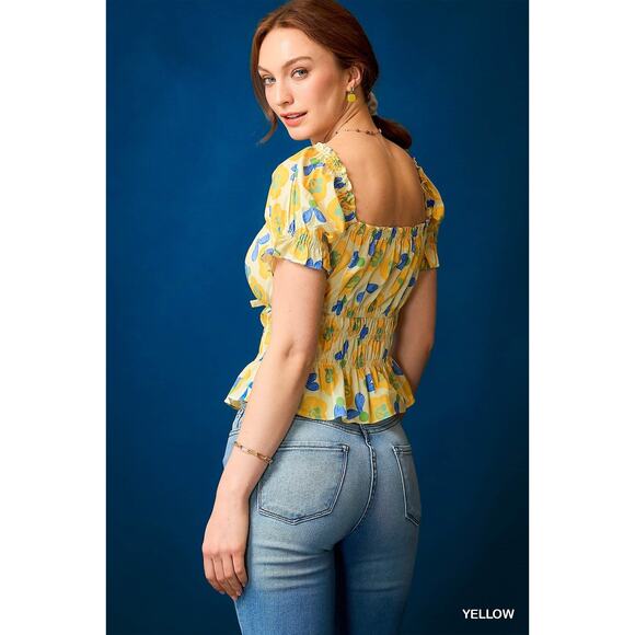 UMGEE Yellow Blue Floral Smocked Peplum Short Sleeve Blouse Top NEW - Picture 5 of 7
